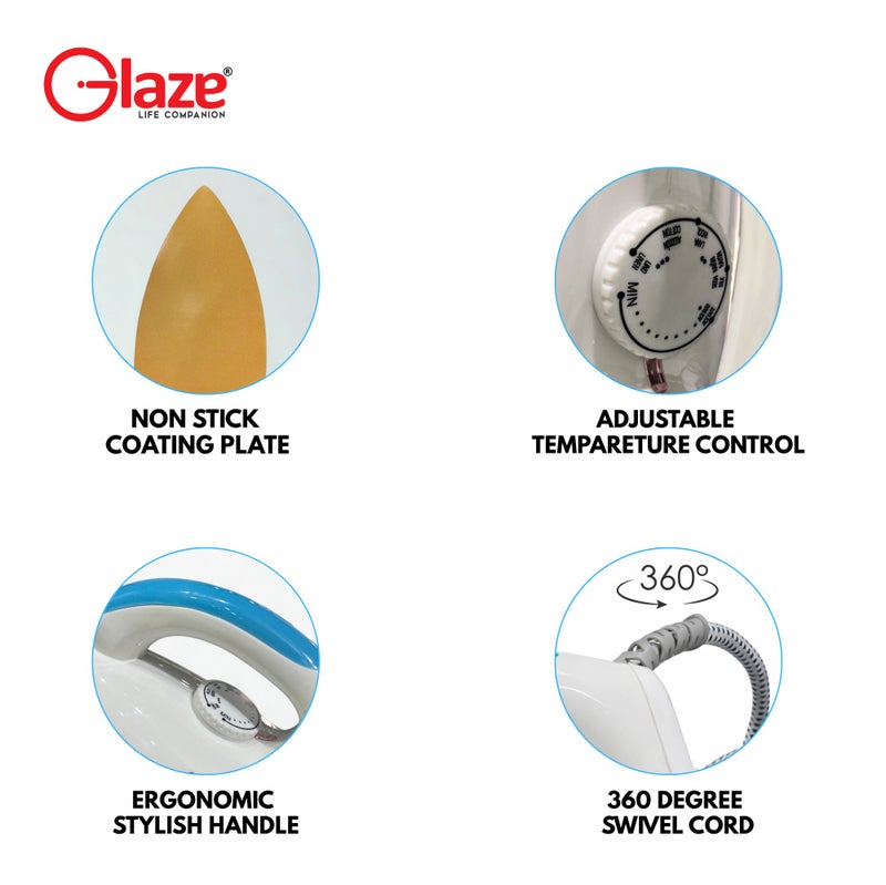 Glaze Electric Iron 1200W White with Auto Shut-Off – Ceramic Gold Non-Stick Soleplate, Adjustable Temperature Control, Heavy Duty Dry Iron for Clothes - Image 3